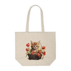 Floral Cat in a Basket Custom Canvas Tote Bag